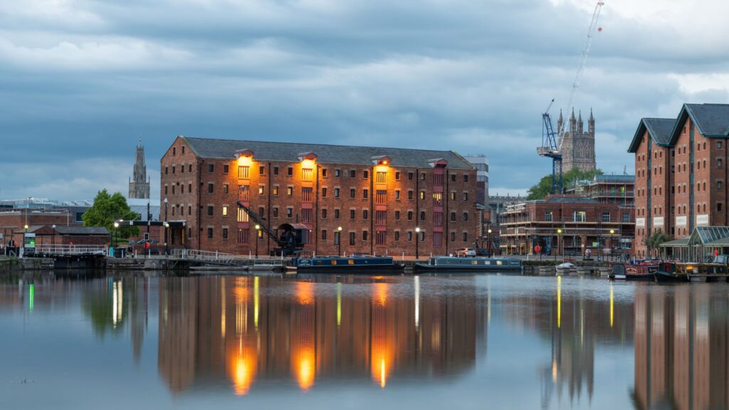 gloucester docks lit up in the evening