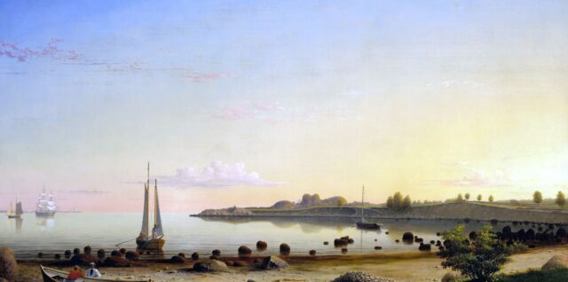 a painting of stage fort across gloucester harbor